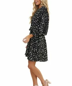 Umgee Black Abstract Print Short Woven Dress With 3/4 Sleeves