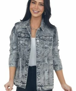 Shewin Black Acid Washed Distressed Denim Jacket
