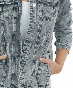 Shewin Black Acid Washed Distressed Denim Jacket