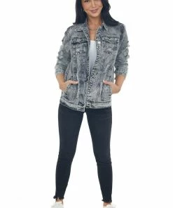 Shewin Black Acid Washed Distressed Denim Jacket