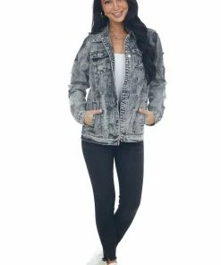 Shewin Black Acid Washed Distressed Denim Jacket