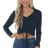 She + Sky Tops Black Adjustable Ruched Collared Knit Top