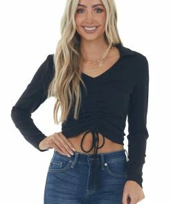 She + Sky Tops Black Adjustable Ruched Collared Knit Top