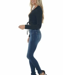 She + Sky Tops Black Adjustable Ruched Collared Knit Top