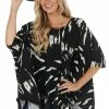 Jodifl Black And Ivory Tie Dye Print Knit Poncho With Side Slits
