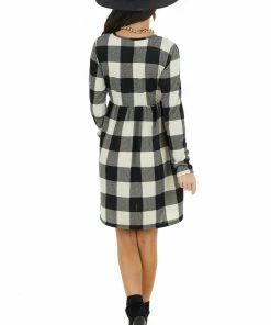 HEIMISH Dresses Black And Ivory Buffalo Plaid BabyDoll Dress With Pockets