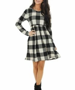 HEIMISH Dresses Black And Ivory Buffalo Plaid BabyDoll Dress With Pockets