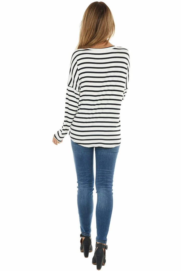 Lovely Melody Tops Black And Ivory Striped Long Sleeve Top With Solid Front 8 Lovely Melody Tops Black And Ivory Striped Long Sleeve Top With Solid Front