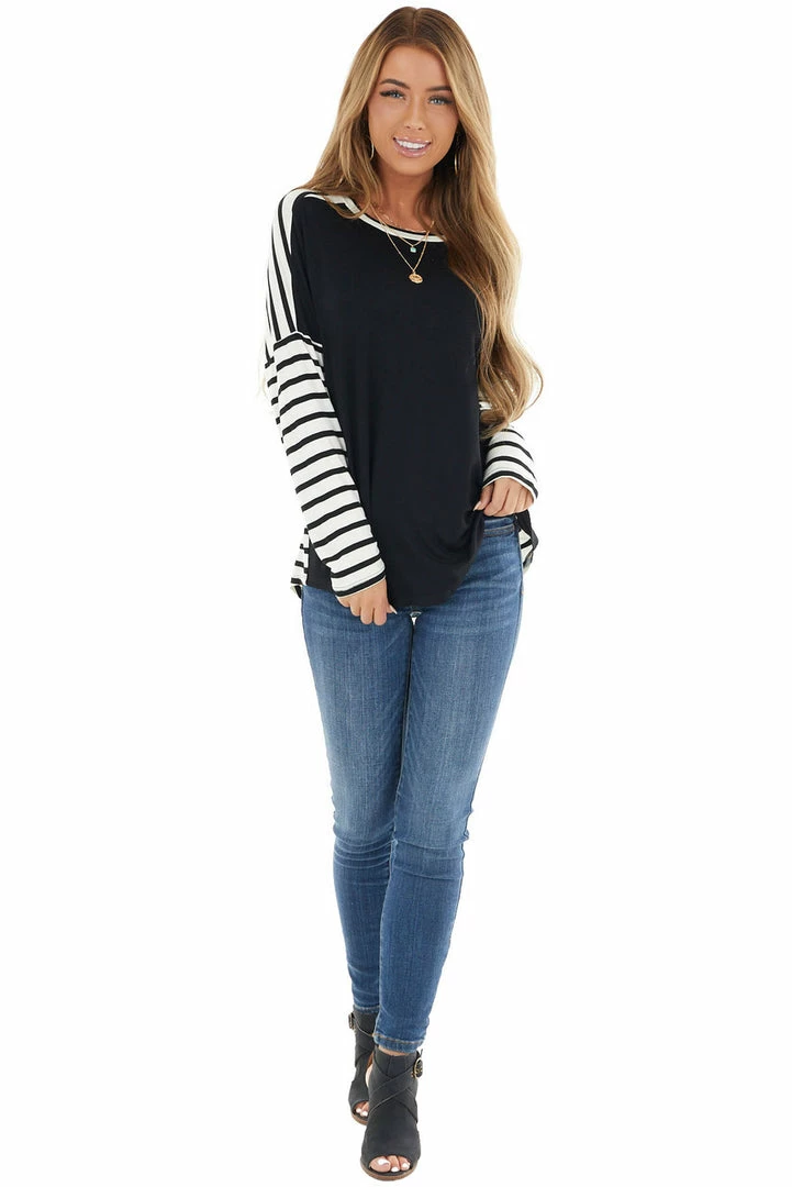 Lovely Melody Tops Black And Ivory Striped Long Sleeve Top With Solid Front 5 Lovely Melody Tops Black And Ivory Striped Long Sleeve Top With Solid Front