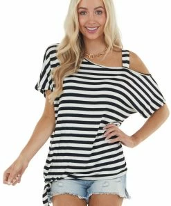Haptics Black And Ivory Striped One Cold Shoulder Knit Top With Tie Tops