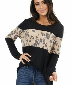 EG Fashion Black And Latte Leopard Print Long Sleeve Lightweight Top