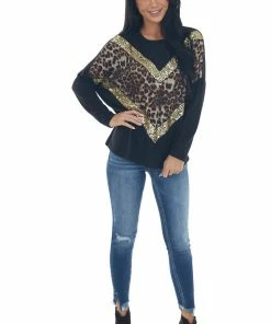 FSL APPAREL Black And Leopard Print Chevron Top With Gold Sequin Details