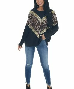 FSL APPAREL Black And Leopard Print Chevron Top With Gold Sequin Details