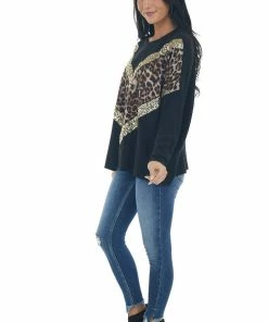 FSL APPAREL Black And Leopard Print Chevron Top With Gold Sequin Details
