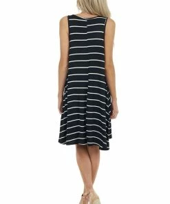 BOMBOM Dresses Black And Off White Striped Sleeveless Short Swing Dress