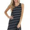 BOMBOM Dresses Black And Off White Striped Sleeveless Short Swing Dress