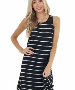 BOMBOM Dresses Black And Off White Striped Sleeveless Short Swing Dress