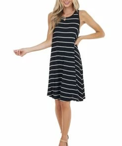 BOMBOM Dresses Black And Off White Striped Sleeveless Short Swing Dress