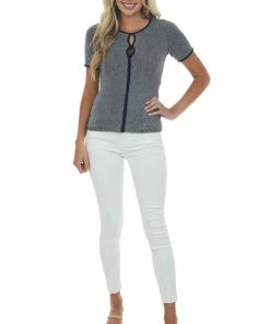 SugarFox Black And Pearl Checkered Keyhole Knit Top Tops