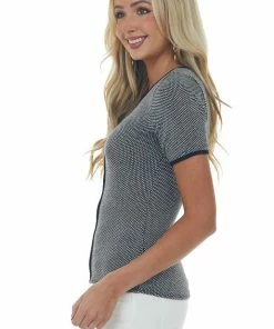 SugarFox Black And Pearl Checkered Keyhole Knit Top Tops