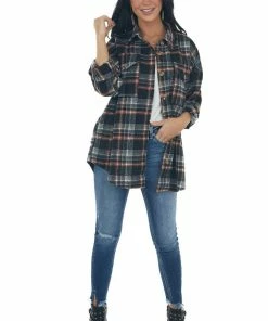 Haptics Tops Black And Pumpkin Plaid Button Up Top