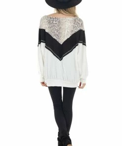 CY Fashion Black And White Long Sleeve Top With Animal Print Contrast Tops