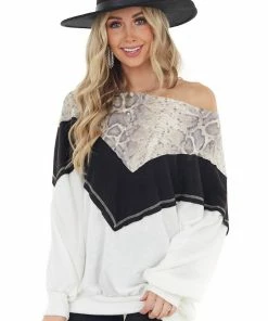 CY Fashion Black And White Long Sleeve Top With Animal Print Contrast Tops