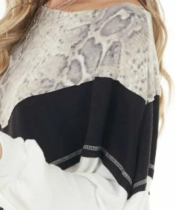 CY Fashion Black And White Long Sleeve Top With Animal Print Contrast Tops