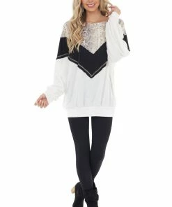 CY Fashion Black And White Long Sleeve Top With Animal Print Contrast Tops