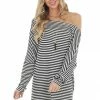 Peach Love Black And White Striped Boat Neckline Short Knit Dress Dresses