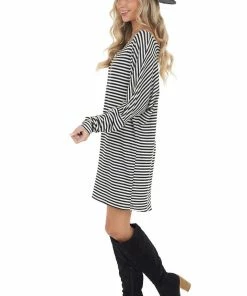 Peach Love Black And White Striped Boat Neckline Short Knit Dress Dresses