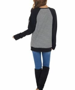 Cotton Bleu Tops Black And White Striped Soft Knit Top With Contrast Sleeves