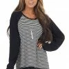 Cotton Bleu Tops Black And White Striped Soft Knit Top With Contrast Sleeves
