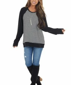 Cotton Bleu Tops Black And White Striped Soft Knit Top With Contrast Sleeves