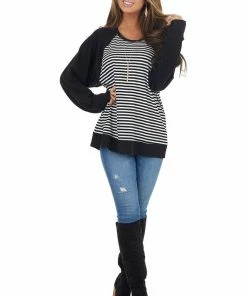 Cotton Bleu Tops Black And White Striped Soft Knit Top With Contrast Sleeves