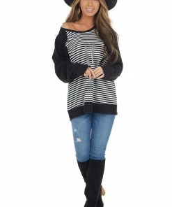 Cotton Bleu Tops Black And White Striped Soft Knit Top With Contrast Sleeves