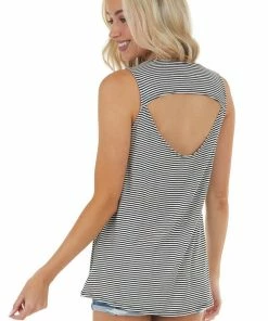CY Fashion Tops Black And White Striped Top With Back Draped Cutout Detail