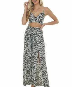 HYFVE Black Animal Print Crop Top With Wide Pant Set
