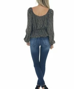 FSL APPAREL Black Animal Print Ruching Front Peplum Blouse