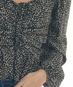 FSL APPAREL Black Animal Print Ruching Front Peplum Blouse