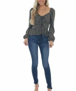 FSL APPAREL Black Animal Print Ruching Front Peplum Blouse