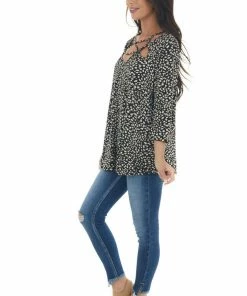 Now N Forever Black Animal Print Strappy Cut Out Knit Top