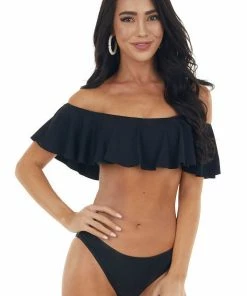Envya Black Bandeau Style Bikini With Ruffled Overlay Details
