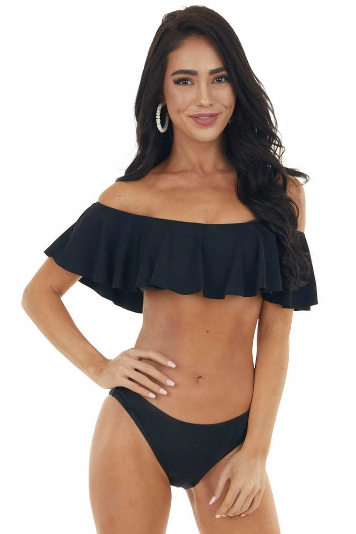 Envya Black Bandeau Style Bikini With Ruffled Overlay Details 3 Envya Black Bandeau Style Bikini With Ruffled Overlay Details