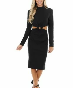 Entro Black Bodycon Ribbed Knit Dress With Waist Cutout Detail Dresses