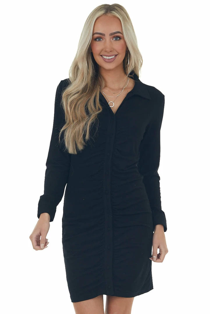 She + Sky Black Brushed Knit Long Sleeve Shirt Dress 3 She + Sky Black Brushed Knit Long Sleeve Shirt Dress