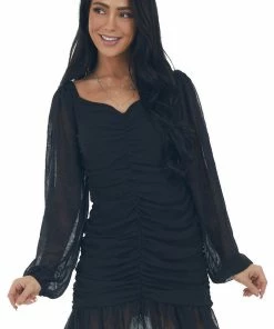 She + Sky Dresses Black Bubble Sleeve Ruched Mini Dress