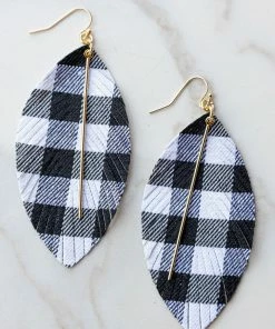 TRENDY Black Buffalo Plaid Feather Dangle Earrings