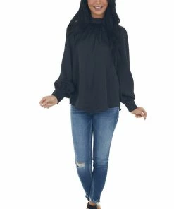 She + Sky Black Button Cuff Long Sleeve Textured Blouse