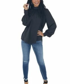 She + Sky Black Button Cuff Long Sleeve Textured Blouse